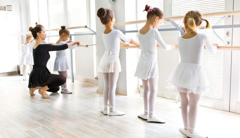 Meninas de collant e saia de ballet em uma aula com a professora