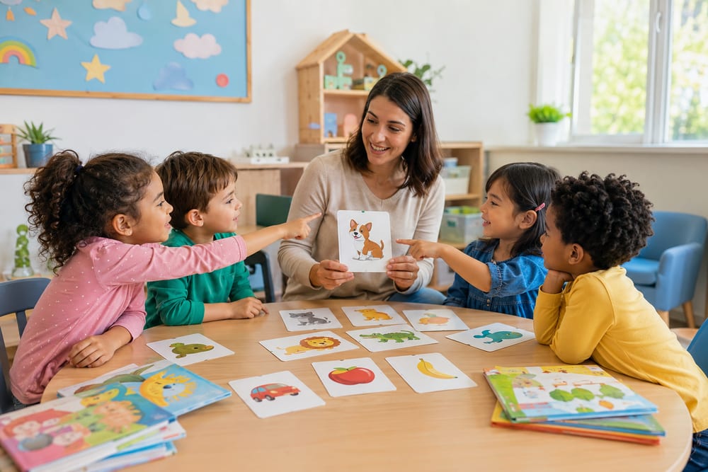 Educadora e crianças brincando com cartões de vocabulário em uma mesa