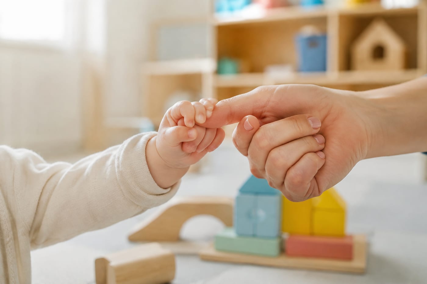 Mão de adulto segurando a mão de um bebê, ao lado de blocos de encaixe de madeira