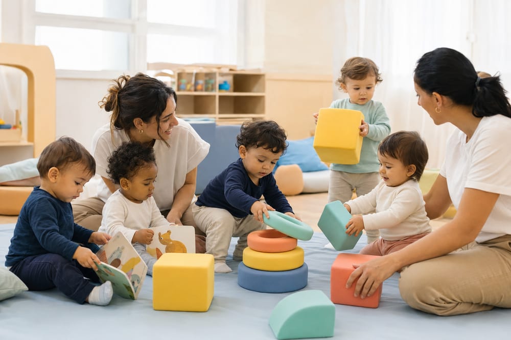 Crianças pequenas brincando com blocos coloridos no chão, com duas educadoras