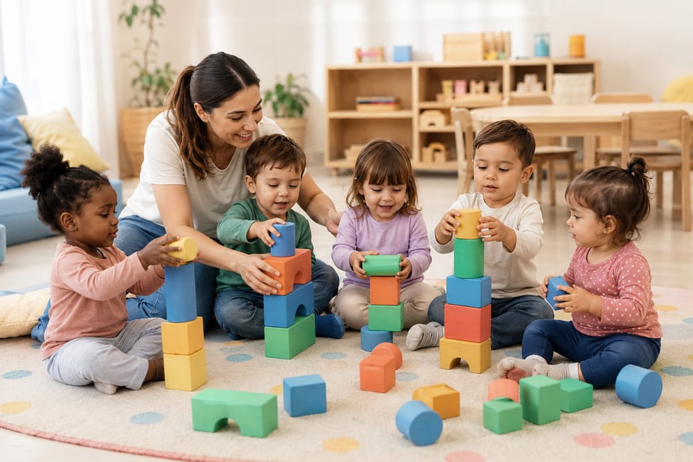 Crianças e educadora brincando com blocos de montar sobre um tapete