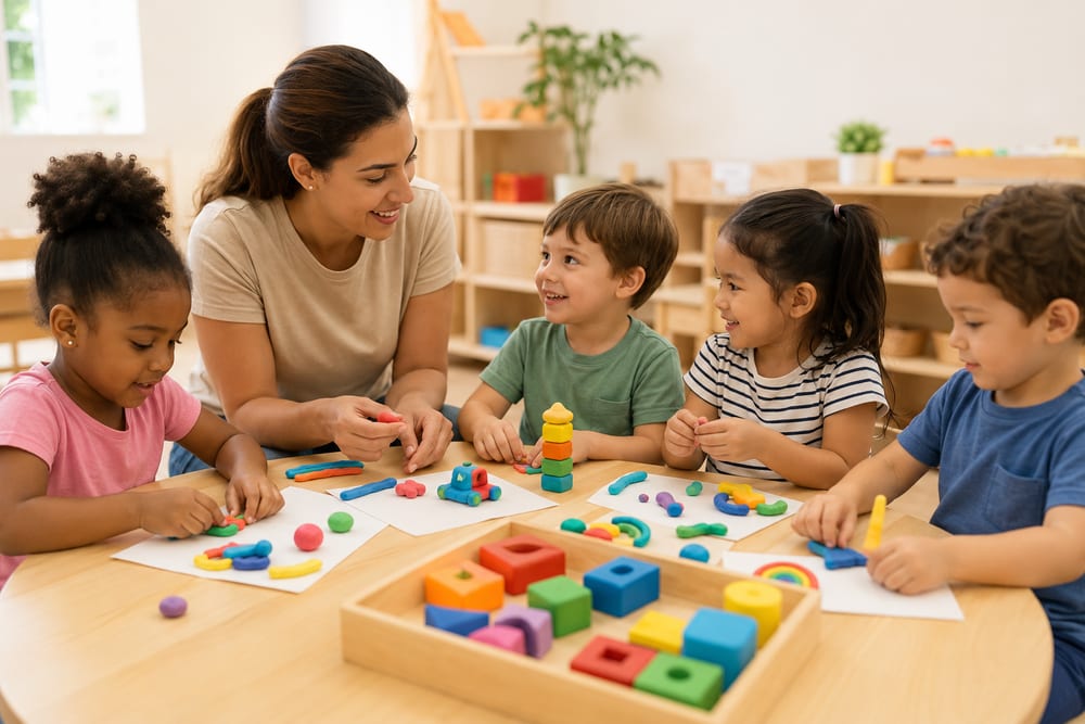 Crianças e educadora em uma mesa com massinha e peças coloridas