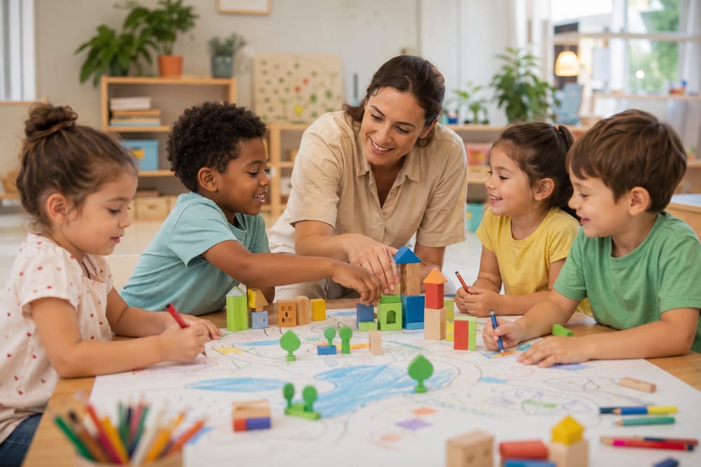 Crianças e educadora desenhando juntas em uma mesa grande
